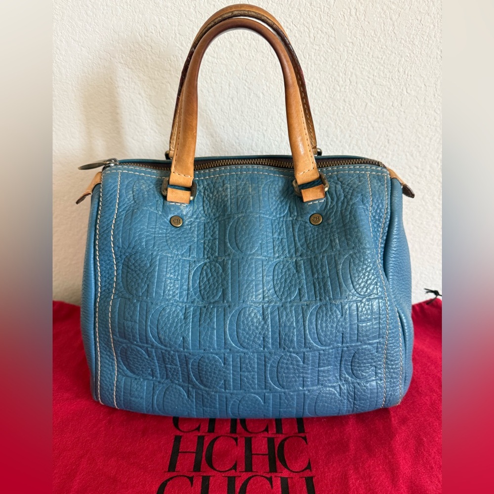 CAROLINA HERRERA Blue Monogram Leather Embossed Andy Bag AUTHENTIC